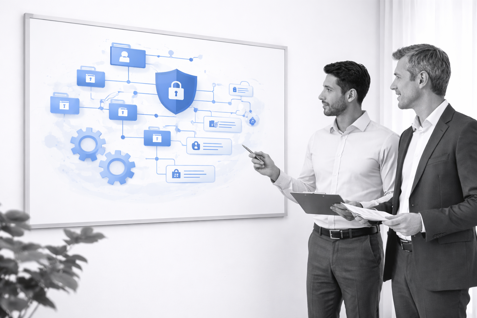 Microsoft 365 governance consulting team reviewing system structure and security framework in a business strategy session